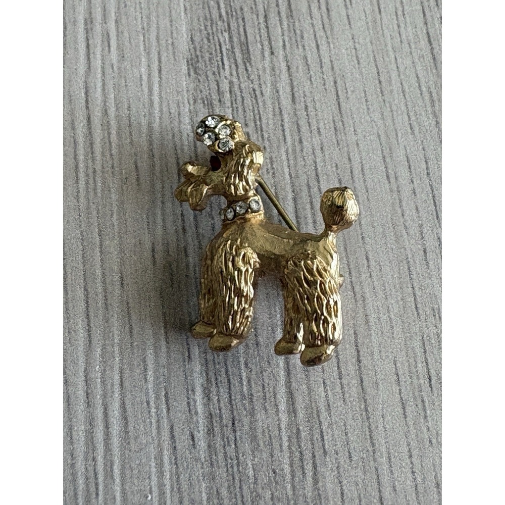Vintage Poodle Dog‎ Gold Tone Brooch Pin Clear & Red Rhinestones